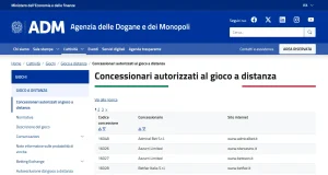 Schermata reale dell'elenco ADM dei concessionari autorizzati al gioco a distanza