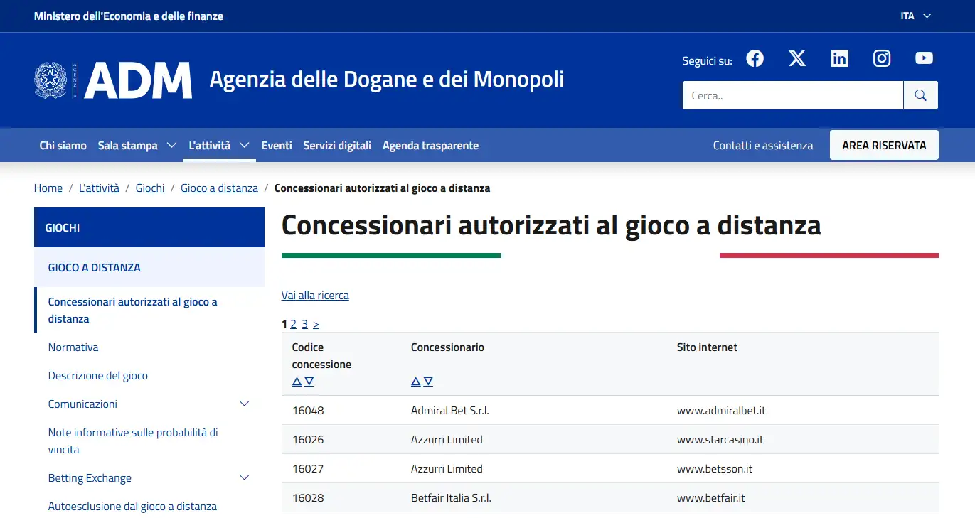 Schermata reale dell'elenco ADM dei concessionari autorizzati al gioco a distanza