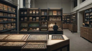 Illustrazione editoriale di una libreria storica di giochi da casinò con simboli generici di slot e tavoli, senza marchi reali