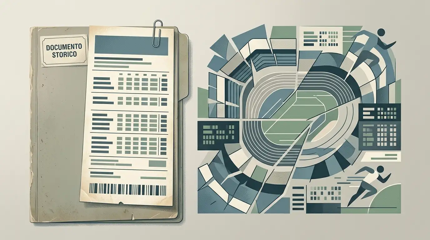 Illustrazione editoriale di una schedina sportiva d'archivio con elementi generici di calcio e statistiche senza loghi né quote reali