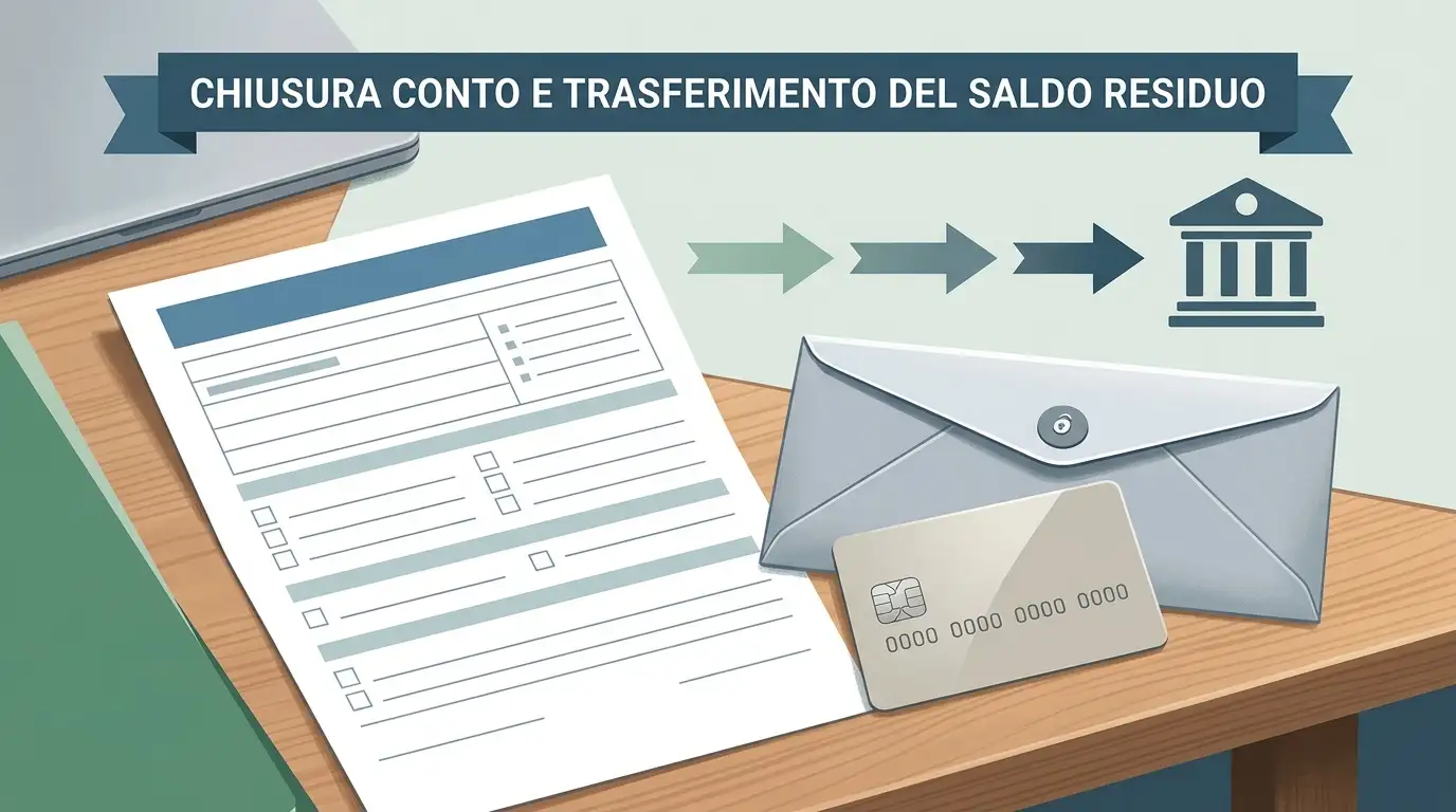 Illustrazione editoriale di un saldo residuo, una richiesta di chiusura conto e un trasferimento di fondi, senza interfacce o marchi reali