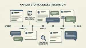 Illustrazione editoriale di schede recensione ordinate lungo una linea temporale, senza loghi o voti reali