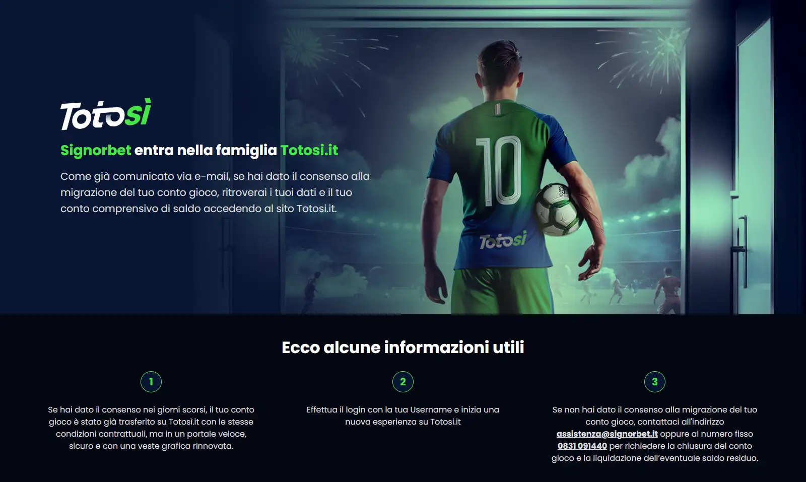 Pagina ufficiale di migrazione da Signorbet a Totosì
